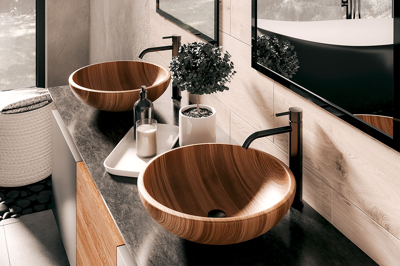 Waschbecken und Badmöbel aus Holz